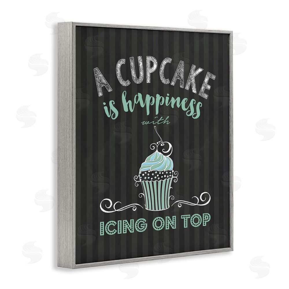 Lettered and Lined Cupcake Is Happiness with Icing Gray Framed Giclee Print Wall Art