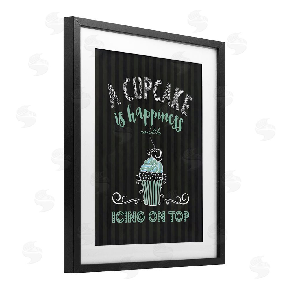 Lettered and Lined Cupcake Is Happiness with Icing Black Framed Print Under Glass Wall Art