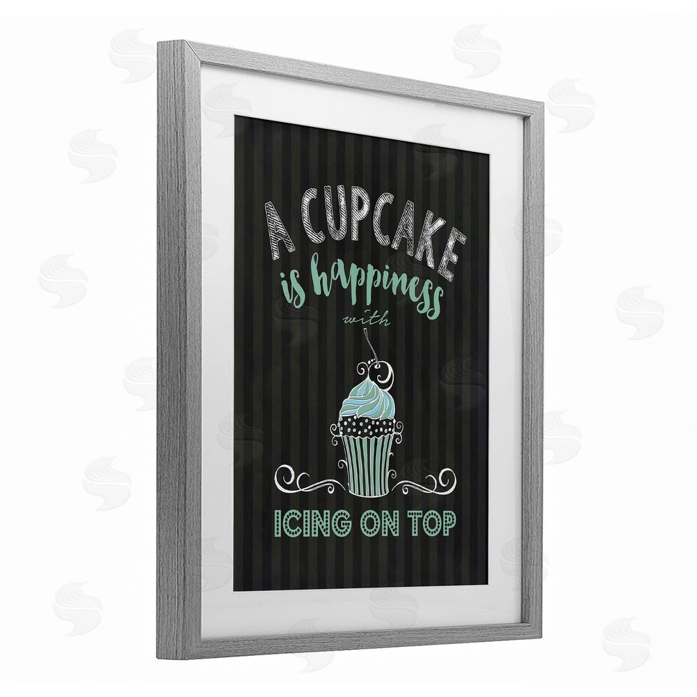 Lettered and Lined Cupcake Is Happiness with Icing Gray Framed Print Under Glass Wall Art