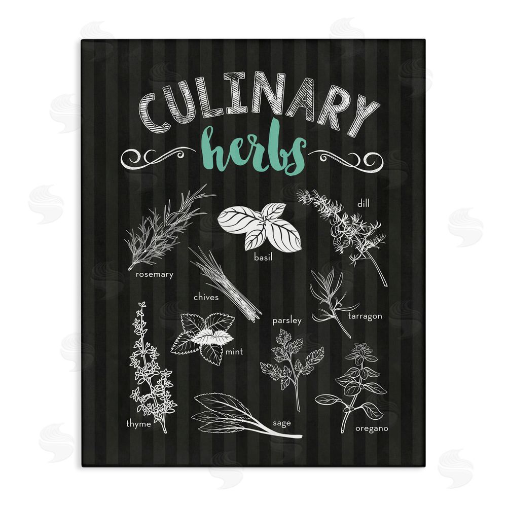 Lettered and Lined Culinary Herbs on Stripes Stretched Canvas Wall Art Print