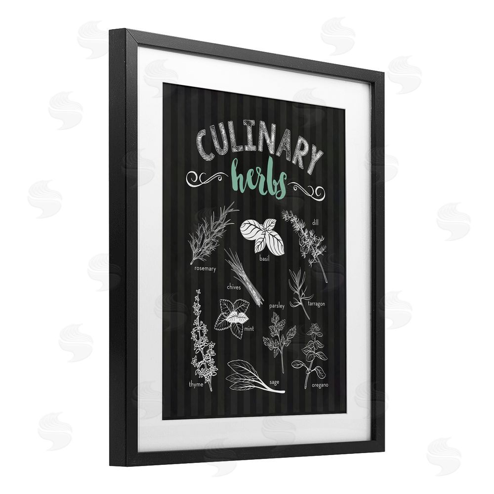 Lettered and Lined Culinary Herbs on Stripes Black Framed Print Under Glass Wall Art