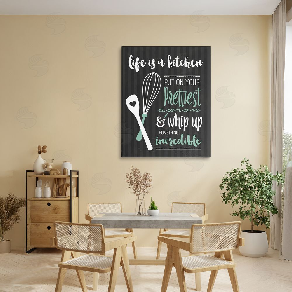 Lettered and Lined Life Is A Kitchen Motivational Stretched Canvas Wall Art Print in Room