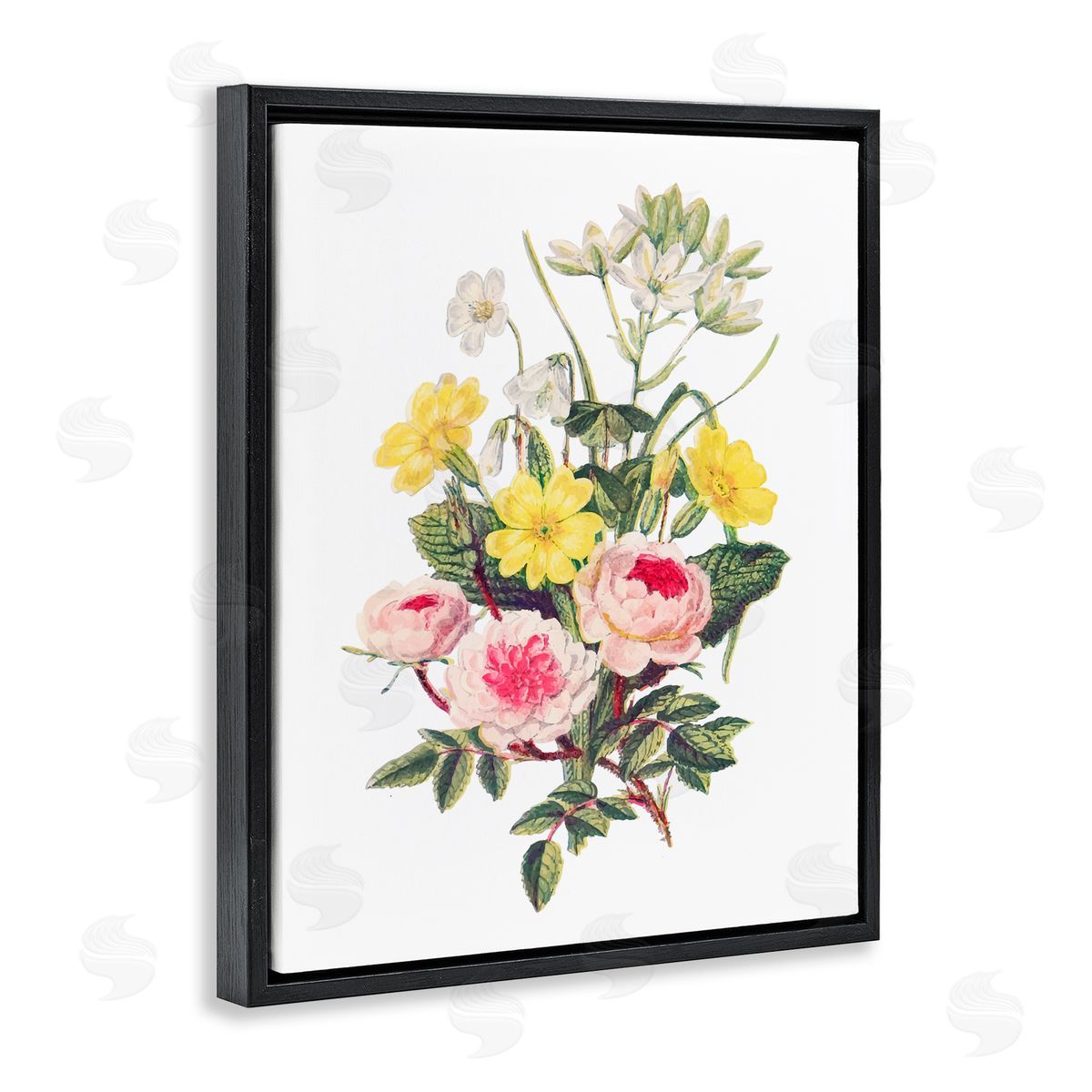 Lettered and Lined Bushel of Wild Florals Black Floating Frame Canvas Wall Art Print