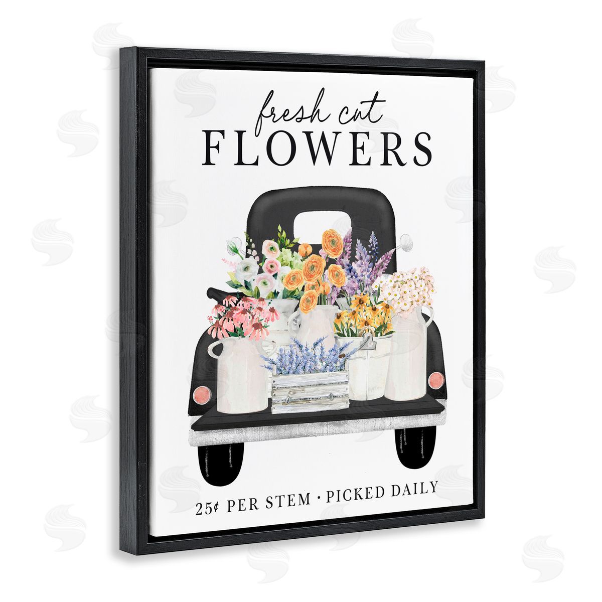 Lettered and Lined Fresh Flowers Picked Daily Black Floating Frame Canvas Wall Art Print