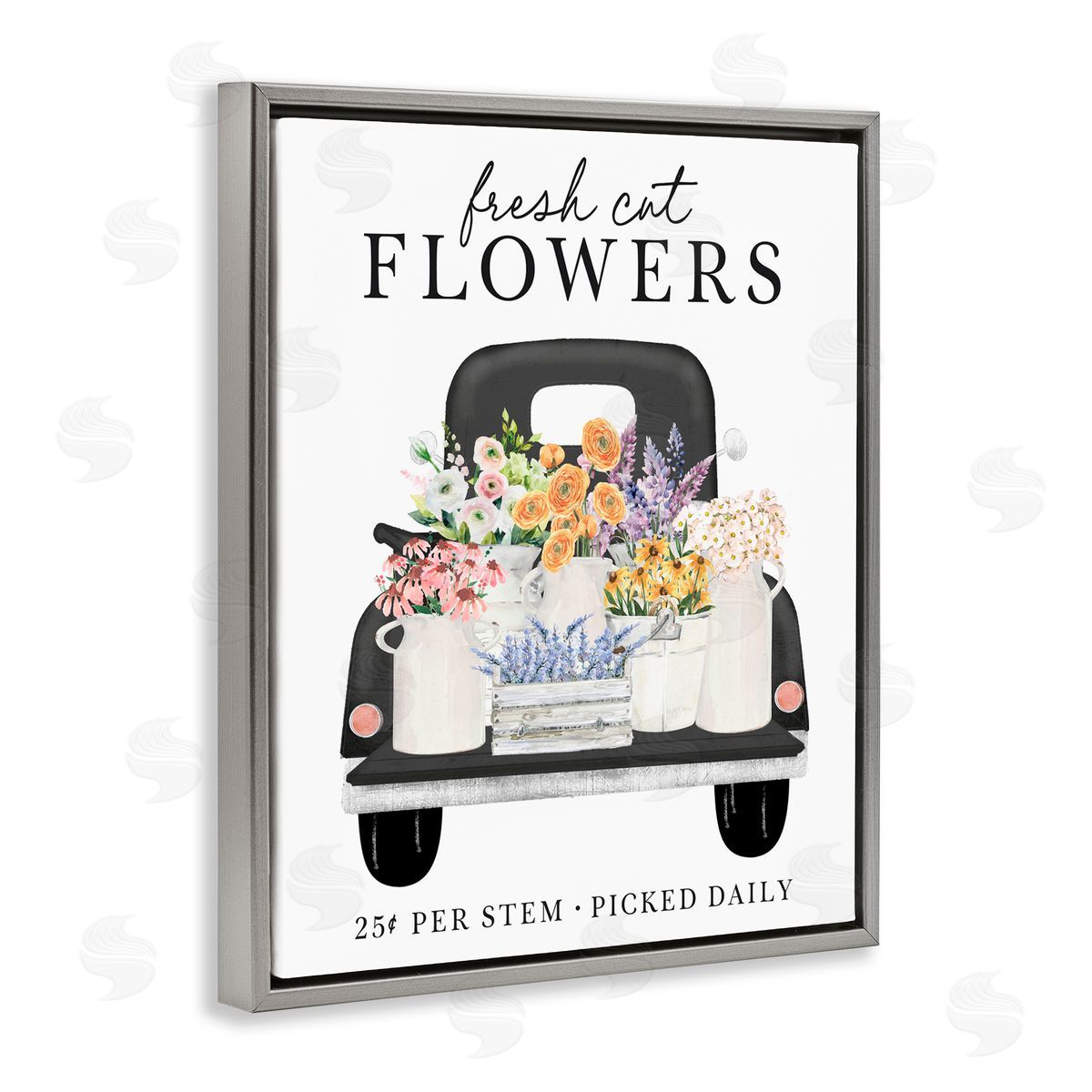 Lettered and Lined Fresh Flowers Picked Daily Gray Floating Frame Canvas Wall Art Print