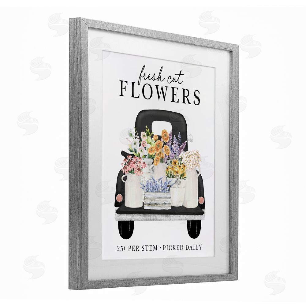 Lettered and Lined Fresh Flowers Picked Daily Gray Framed Print Under Glass Wall Art