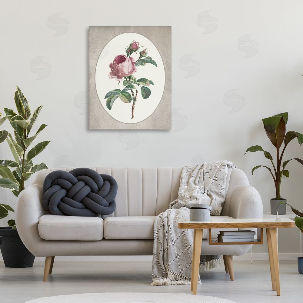 Lettered and Lined Vintage Rose within Oval Stretched Canvas Wall Art Print in Room