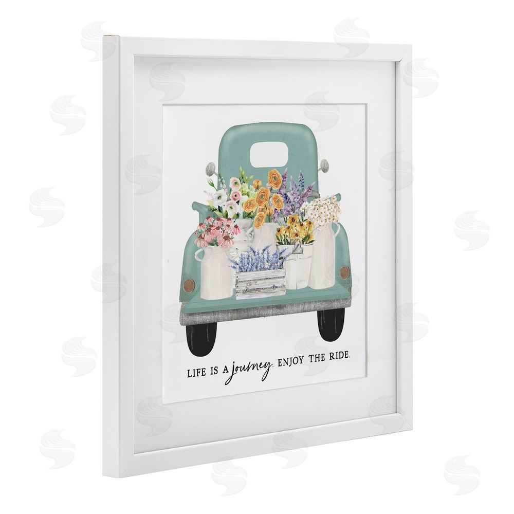 Lettered and Lined Enjoy Ride Floral Truck White Framed Print Under Glass Wall Art