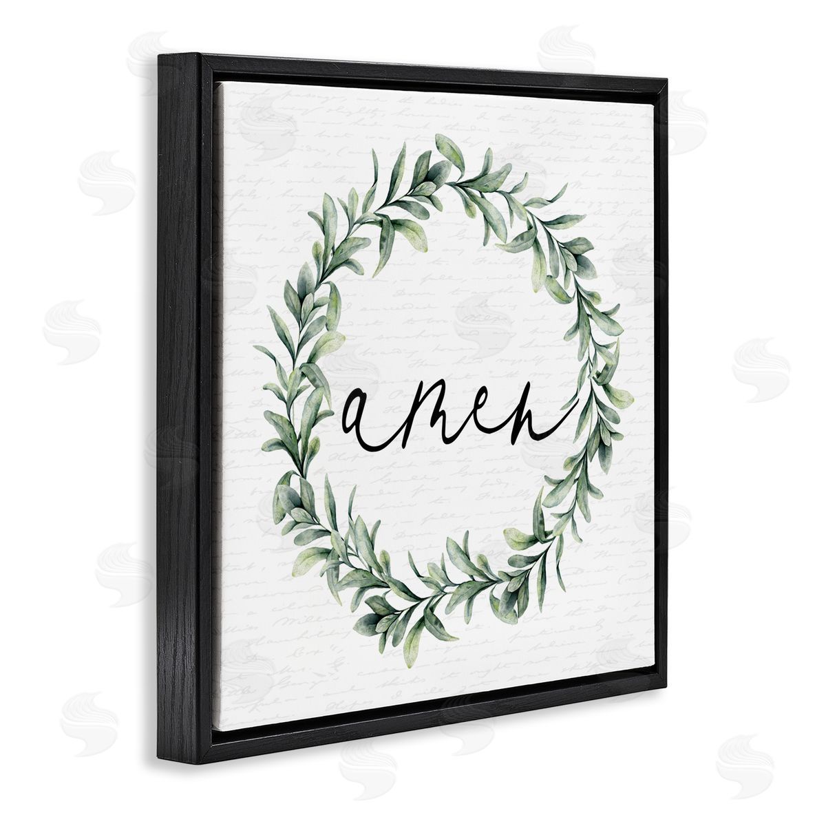 Lettered and Lined Amen Botanical Wreath & Script Black Floating Frame Canvas Wall Art Print