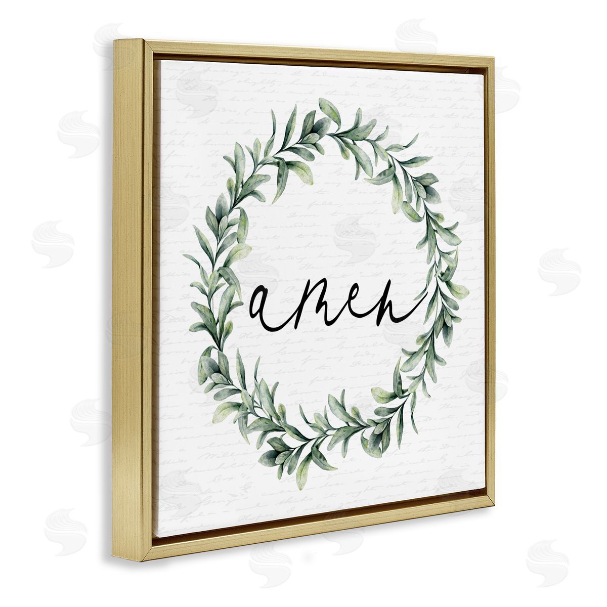 Lettered and Lined Amen Botanical Wreath & Script Gold Floating Frame Canvas Wall Art Print