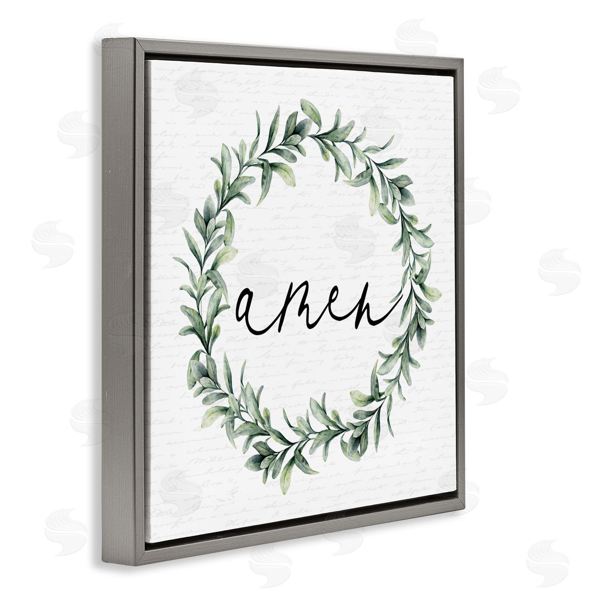 Lettered and Lined Amen Botanical Wreath & Script Gray Floating Frame Canvas Wall Art Print