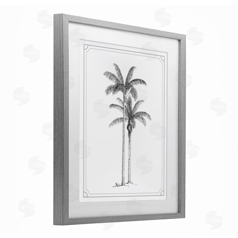 Lettered and Lined Vintage Simple Palm Tree Gray Framed Print Under Glass Wall Art