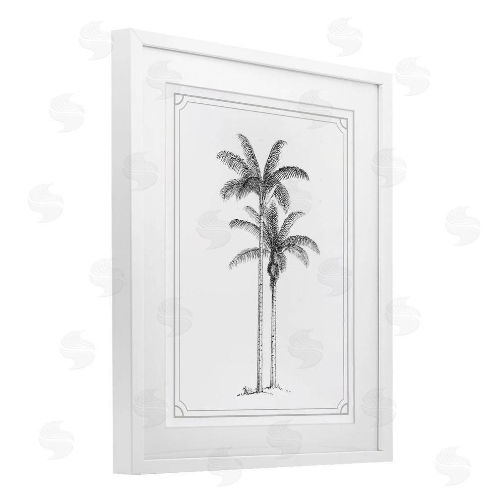 Lettered and Lined Vintage Simple Palm Tree White Framed Print Under Glass Wall Art