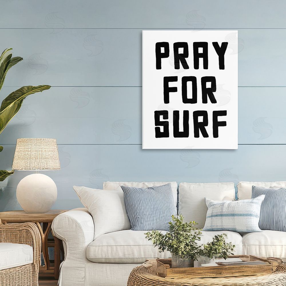 Lettered and Lined Pray For Surf Simple Sentiment Stretched Canvas Wall Art Print in Room