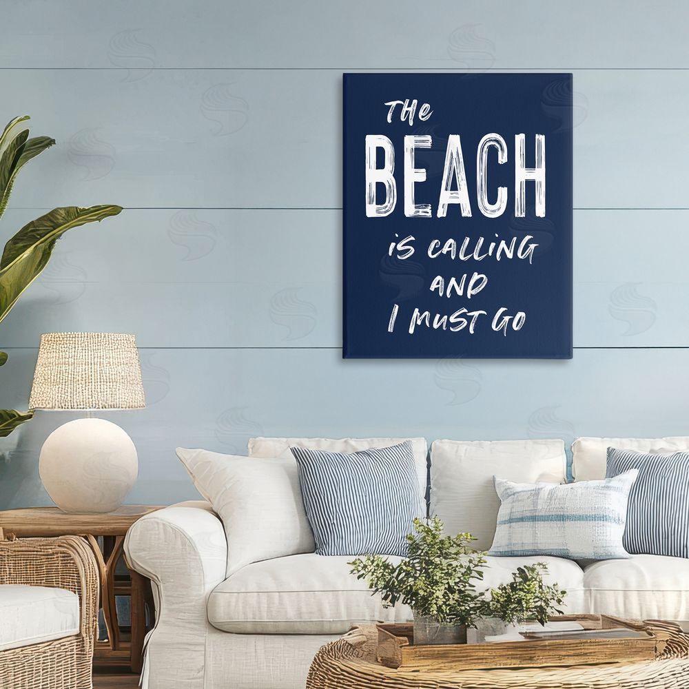Lettered and Lined Beach Is Calling Summer Sentiment Stretched Canvas Wall Art Print in Room