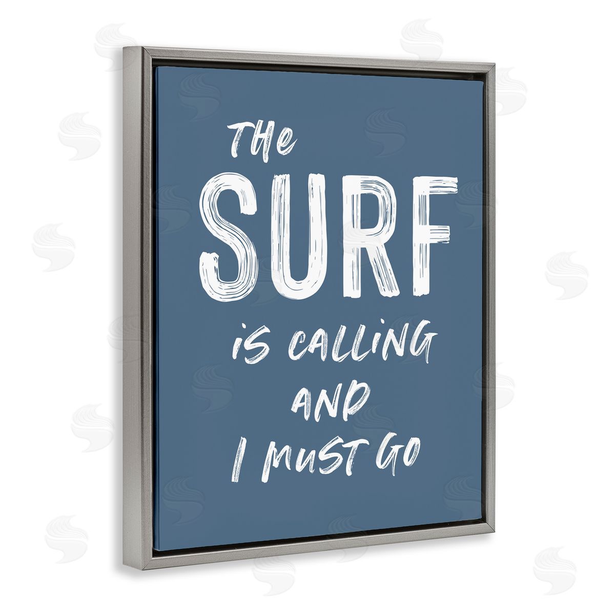Lettered and Lined Surf Is Calling Must Go Gray Floating Frame Canvas Wall Art Print