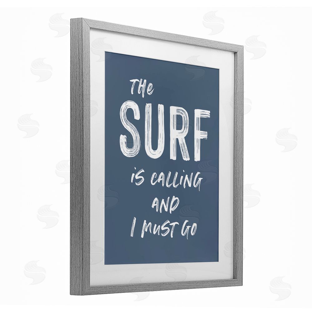 Lettered and Lined Surf Is Calling Must Go Gray Framed Print Under Glass Wall Art
