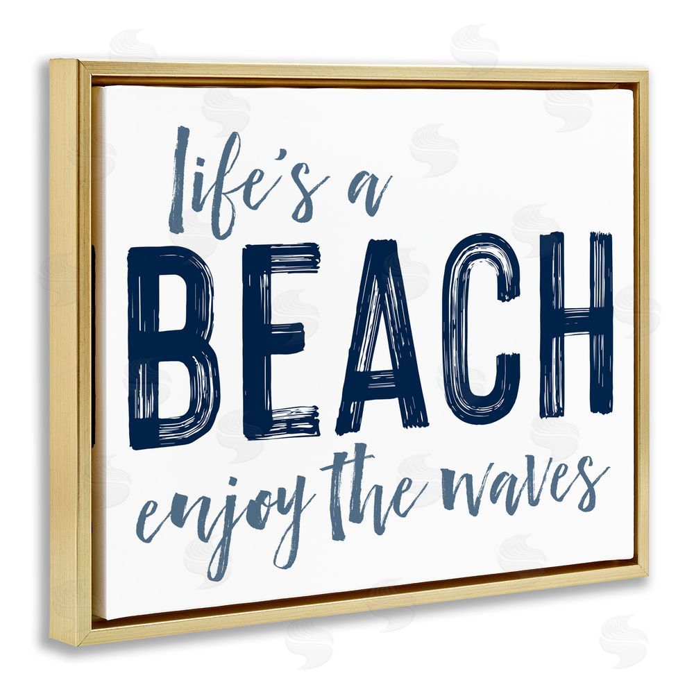 Lettered and Lined Summer Sentiment Enjoy Waves Gold Floating Frame Canvas Wall Art Print