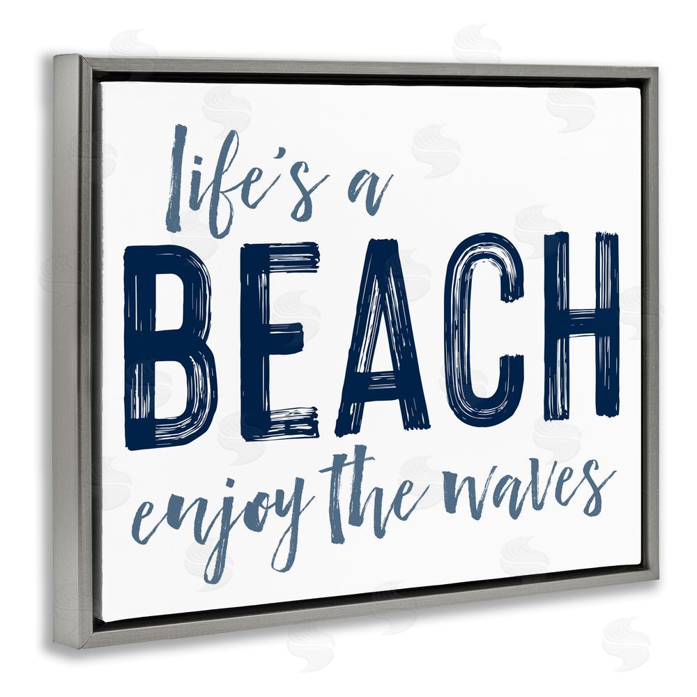 Lettered and Lined Summer Sentiment Enjoy Waves Gray Floating Frame Canvas Wall Art Print