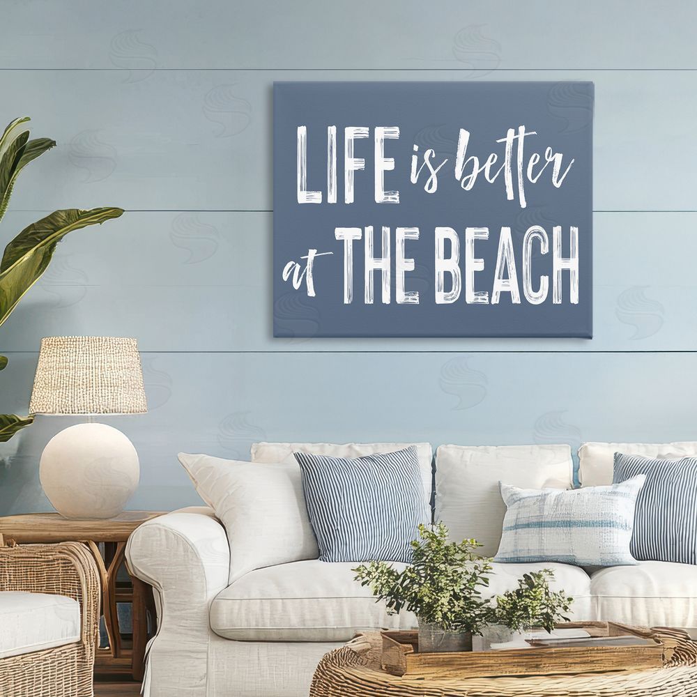Lettered and Lined Life Better At Beach Blue Stretched Canvas Wall Art Print in Room