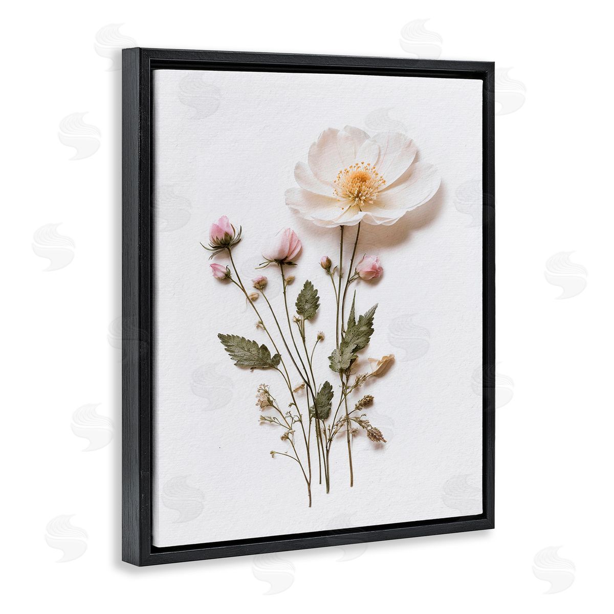 Lettered and Lined Simple Pressed Flowers Black Floating Frame Canvas Wall Art Print
