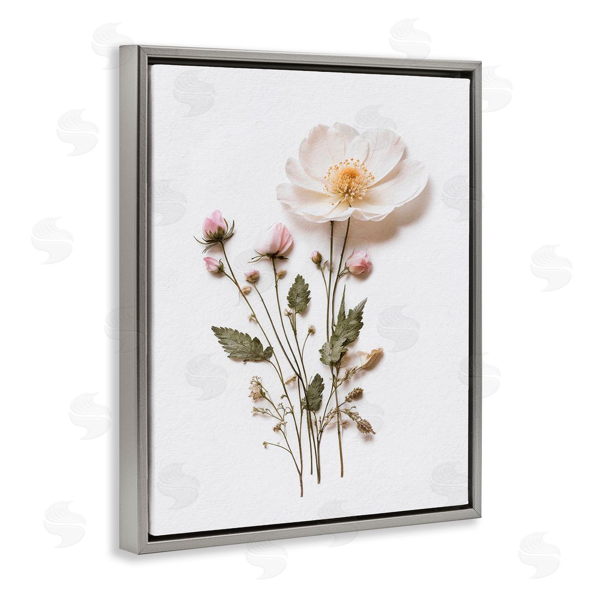 Lettered and Lined Simple Pressed Flowers Gray Floating Frame Canvas Wall Art Print