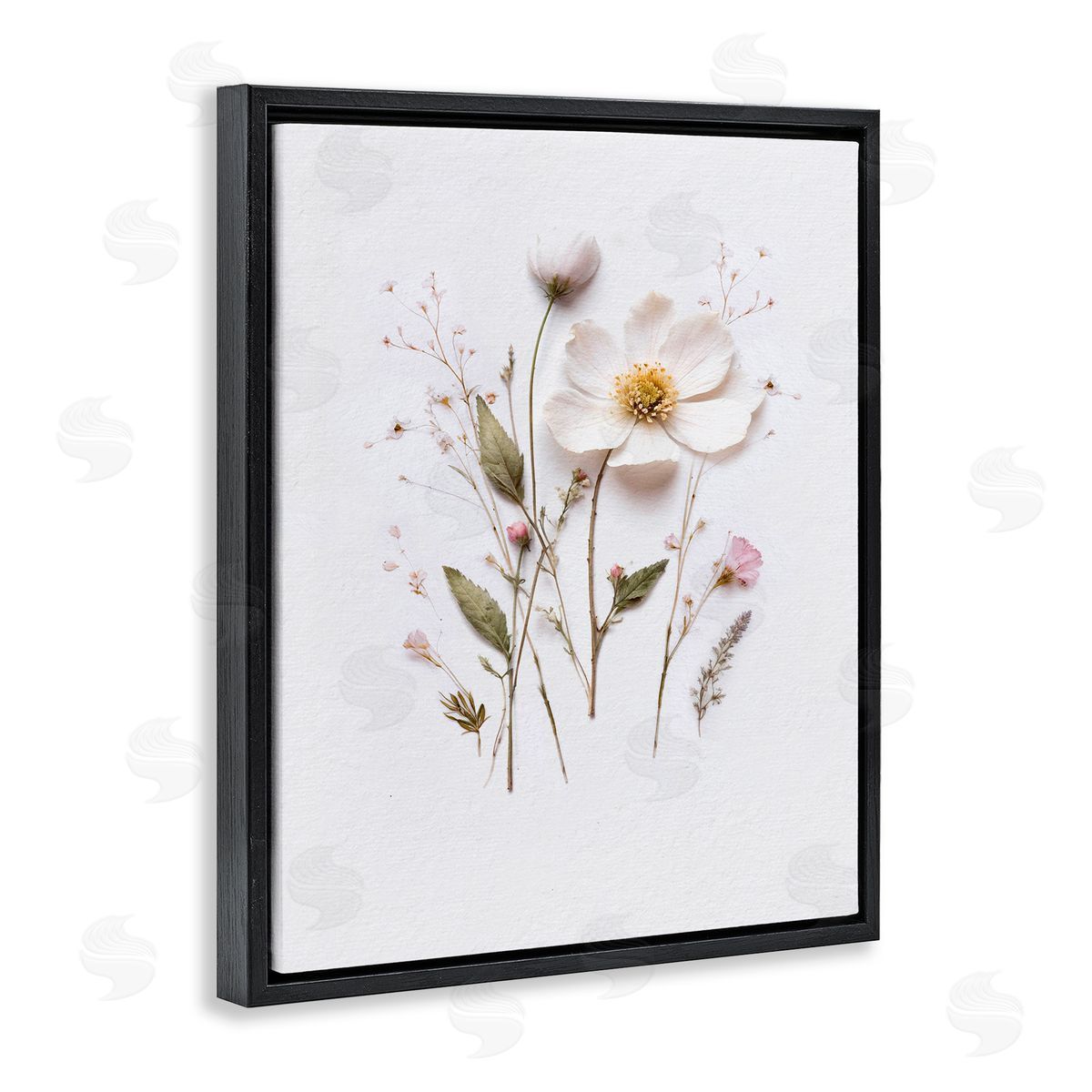 Lettered and Lined Delicate Pressed Flower Sprigs Black Floating Frame Canvas Wall Art Print