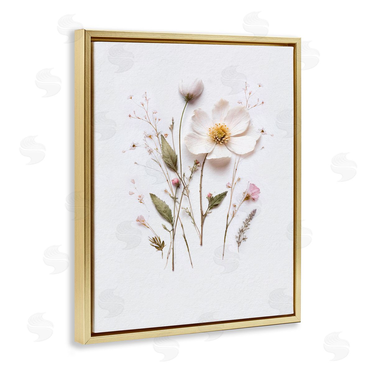 Lettered and Lined Delicate Pressed Flower Sprigs Gold Floating Frame Canvas Wall Art Print