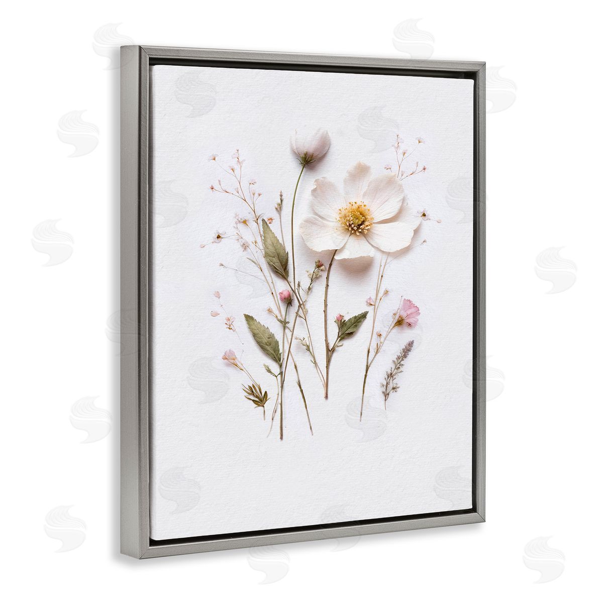 Lettered and Lined Delicate Pressed Flower Sprigs Gray Floating Frame Canvas Wall Art Print