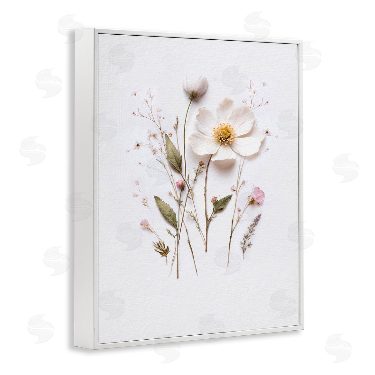Lettered and Lined Delicate Pressed Flower Sprigs White Framed Giclee Print Wall Art