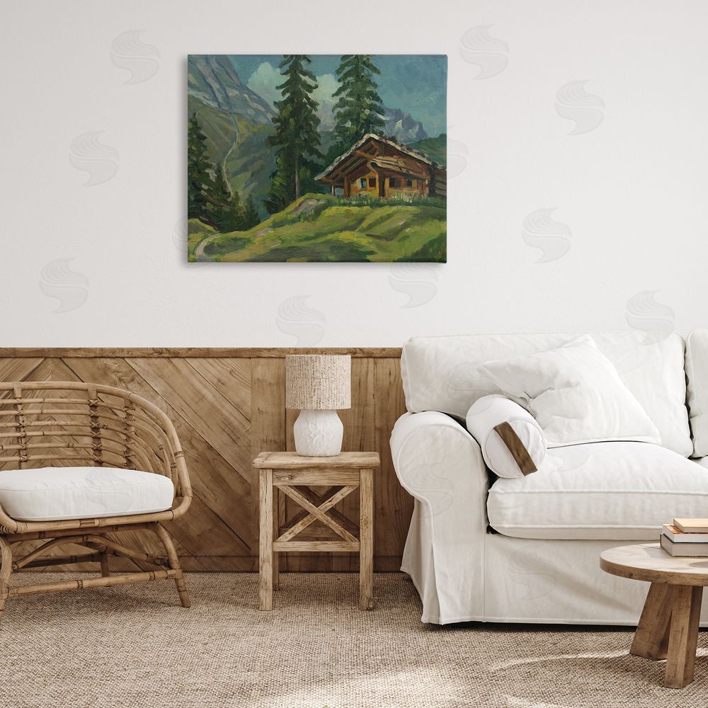 Lettered and Lined Cabin At Base Of Mountain Stretched Canvas Wall Art Print in Room