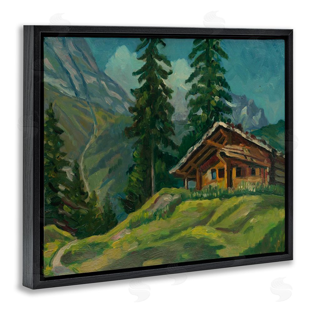 Lettered and Lined Cabin At Base Of Mountain Black Floating Frame Canvas Wall Art Print