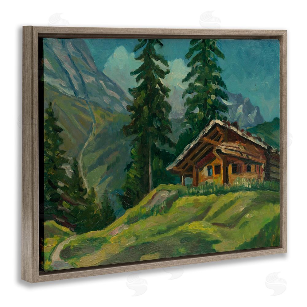 Lettered and Lined Cabin At Base Of Mountain Brown Floating Frame Canvas Wall Art Print