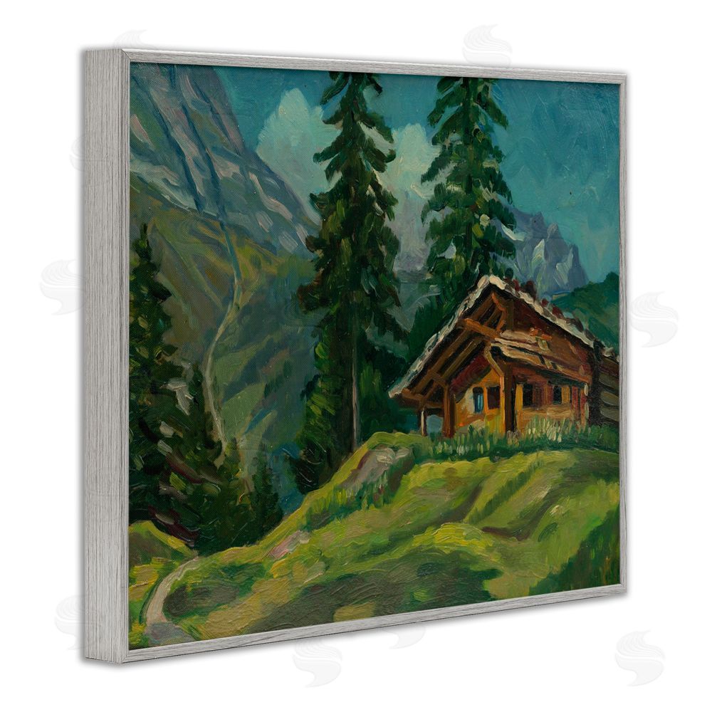 Lettered and Lined Cabin At Base Of Mountain Gray Framed Giclee Print Wall Art