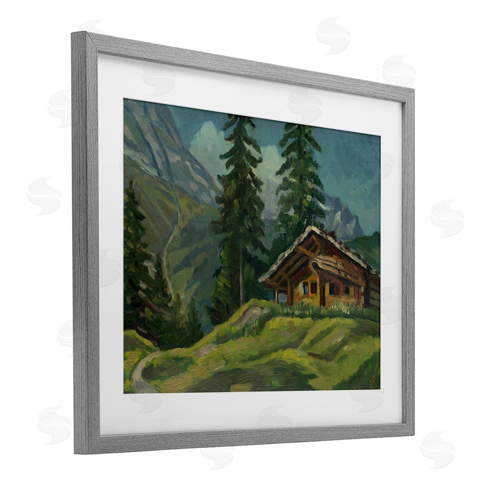 Lettered and Lined Cabin At Base Of Mountain Gray Framed Print Under Glass Wall Art