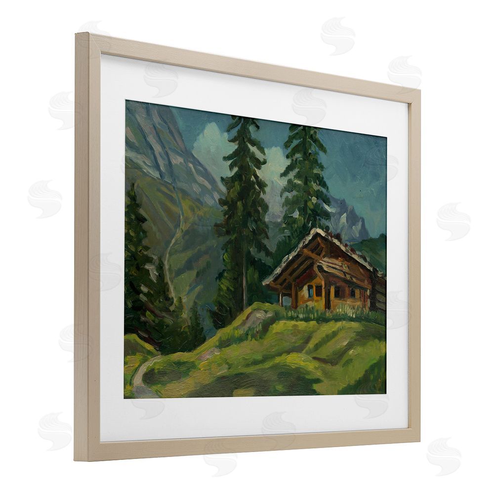 Lettered and Lined Cabin At Base Of Mountain Brown Framed Print Under Glass Wall Art