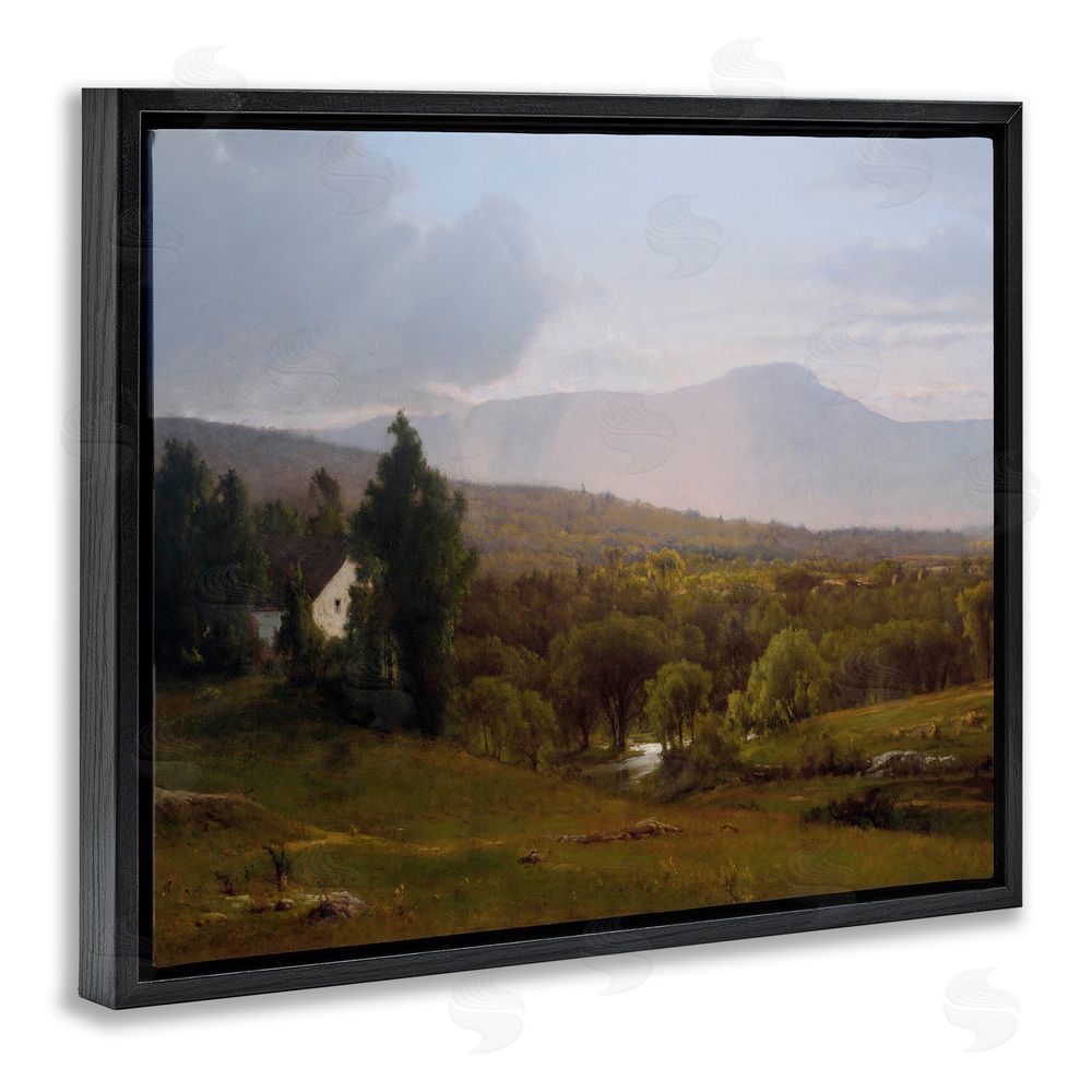 Lettered and Lined Cabins in Peaceful Vista Black Floating Frame Canvas Wall Art Print