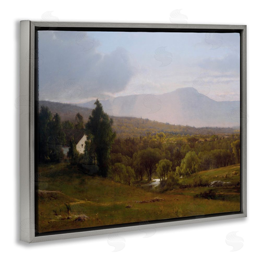 Lettered and Lined Cabins in Peaceful Vista Gray Floating Frame Canvas Wall Art Print