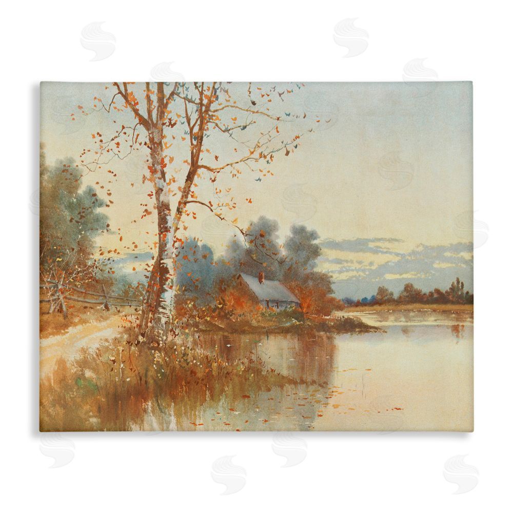 Lettered and Lined Autumn Cabin Along River Canvas Wall Art Print