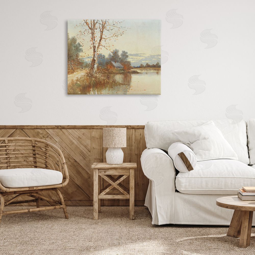 Lettered and Lined Autumn Cabin Along River Canvas Art on Wall