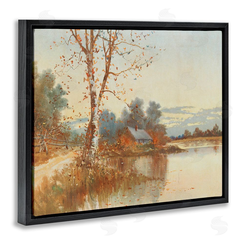 Lettered and Lined Autumn Cabin Along River Black Floating Frame Canvas Wall Art Print