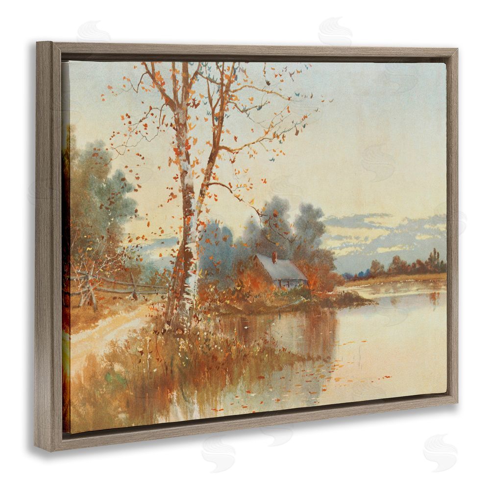Lettered and Lined Autumn Cabin Along River Brown Floating Frame Canvas Wall Art Print