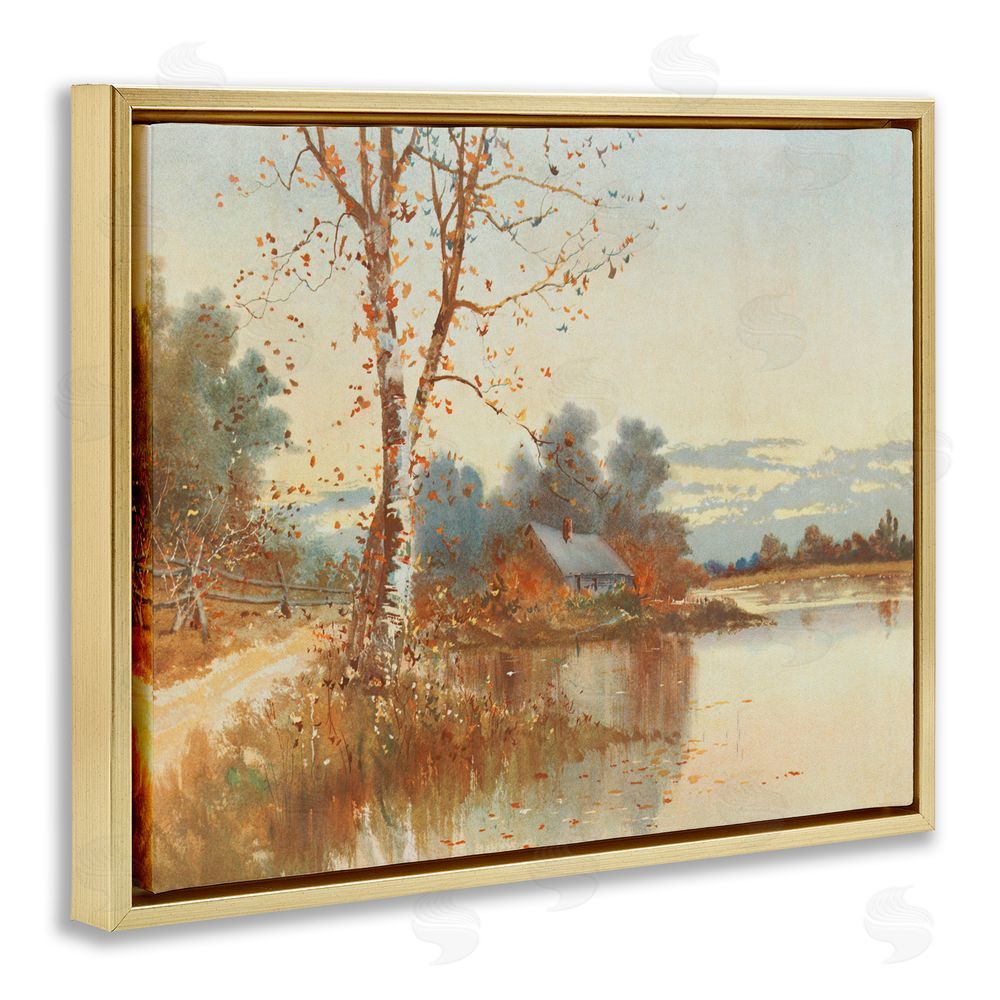 Lettered and Lined Autumn Cabin Along River Gold Floating Frame Canvas Wall Art Print