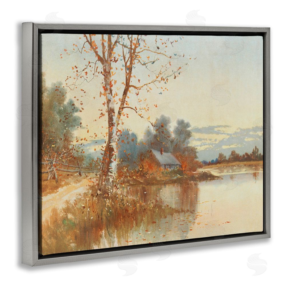 Lettered and Lined Autumn Cabin Along River Gray Floating Frame Canvas Wall Art Print
