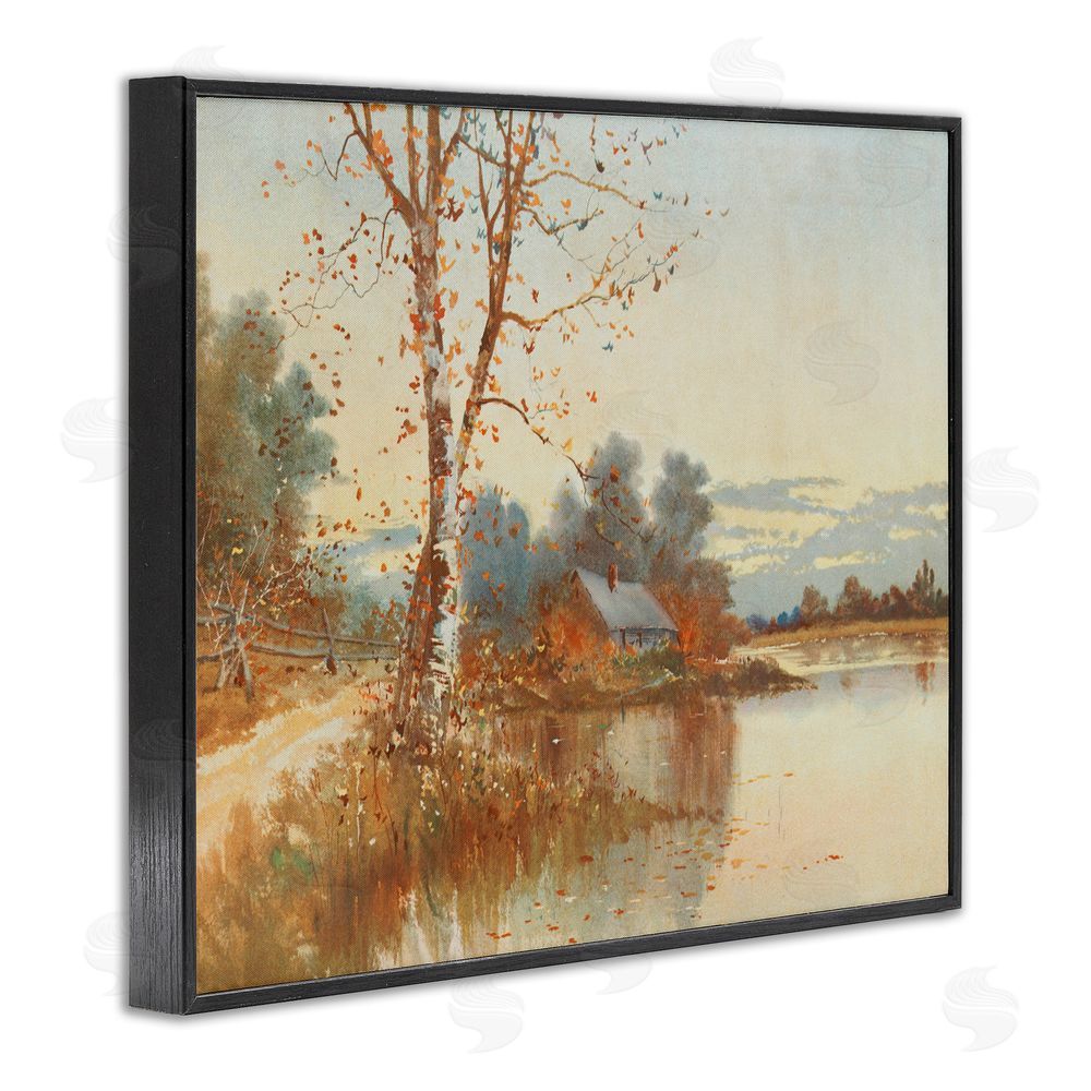 Lettered and Lined Autumn Cabin Along River Black Framed Giclee Wall Art Print