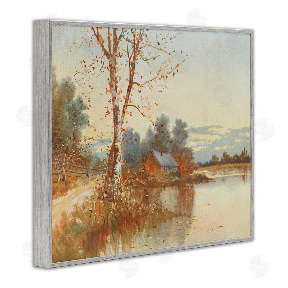 Lettered and Lined Autumn Cabin Along River Gray Framed Giclee Wall Art Print