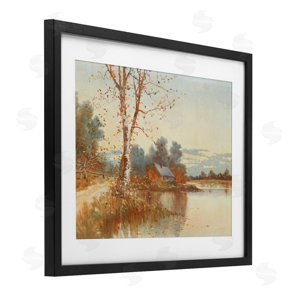 Lettered and Lined Autumn Cabin Along River Black Framed Print Under Glass with White Mat Wall Art