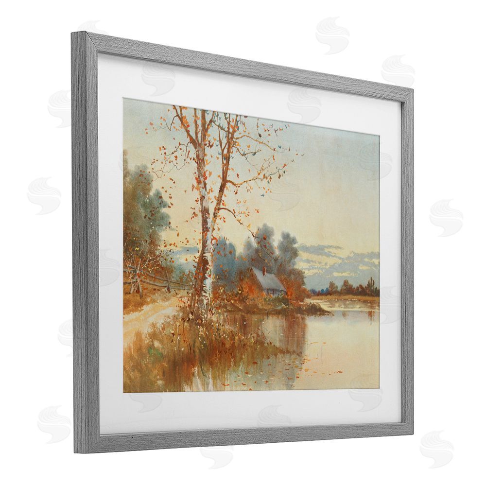Lettered and Lined Autumn Cabin Along River Gray Framed Print Under Glass with White Mat Wall Art