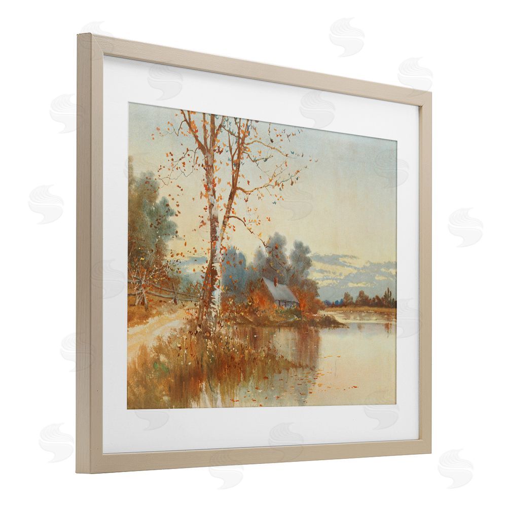 Lettered and Lined Autumn Cabin Along River Birch Framed Print Under Glass with White Mat Wall Art