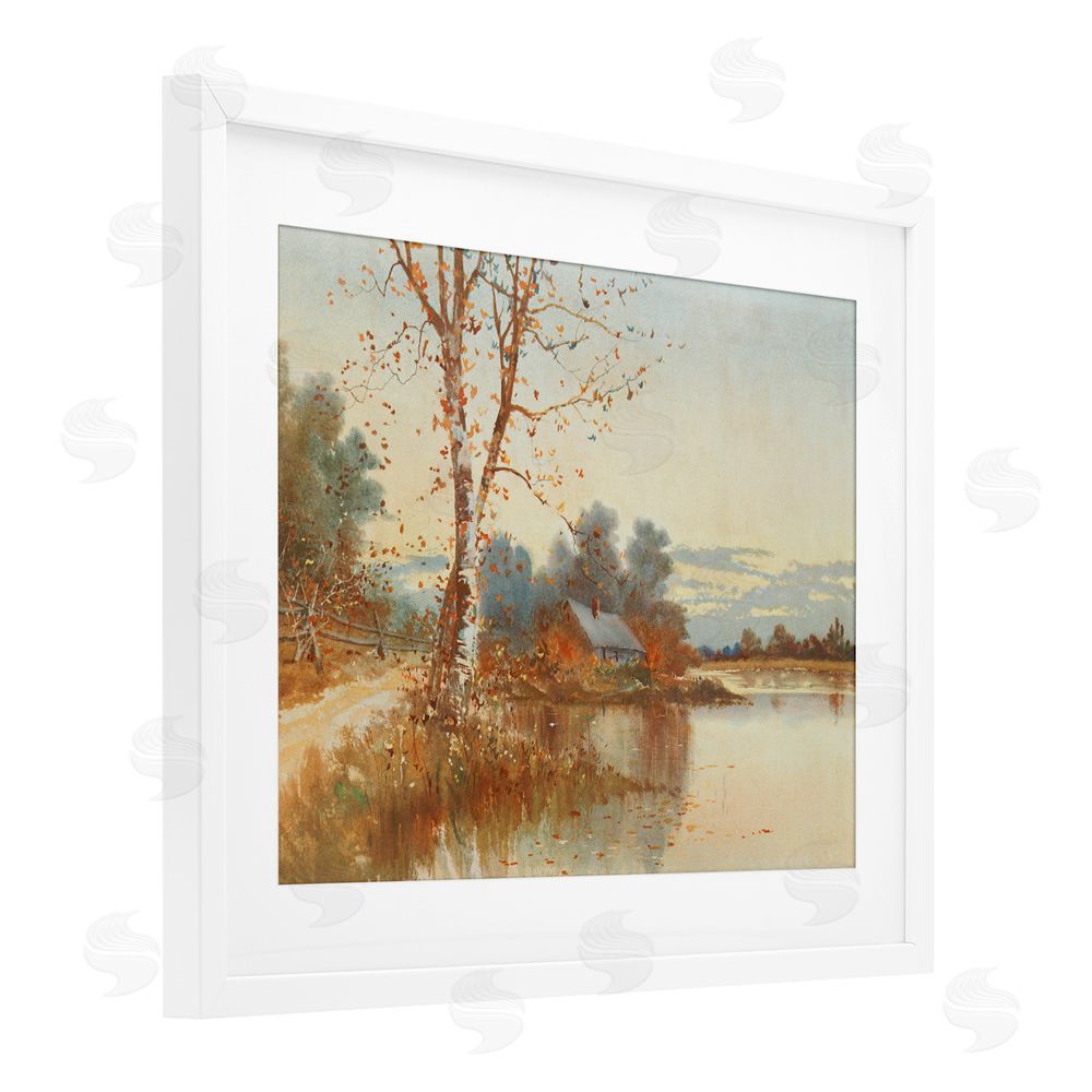 Lettered and Lined Autumn Cabin Along River White Framed Print Under Glass with Mat Wall Art